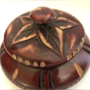 Vintage Beautiful Hand Carved Round Wooden Trinket Bowl Jewelry Box With Lid 4in